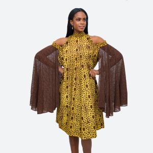 Beaded Drop Shoulder High Neck Dress with Flare Net Sleeve