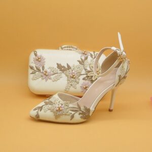 Luxury Embroidered Heels & Clutch Set – Cream Gold Elegance