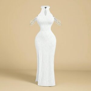 Elegant White Sculpted Gown with Cut-Out Neckline