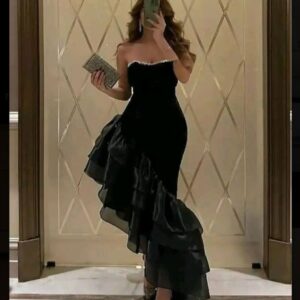 Black Asymmetric Ruffle Evening Dress